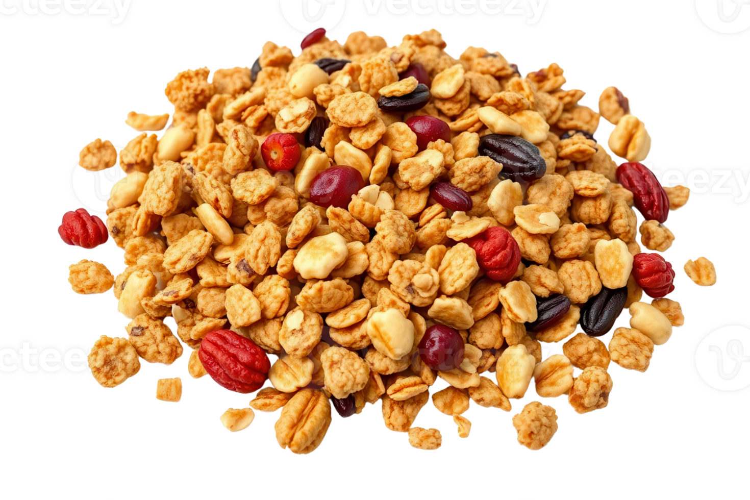 A pile of mixed granola with nuts and dried fruits isolated on a transparent background png