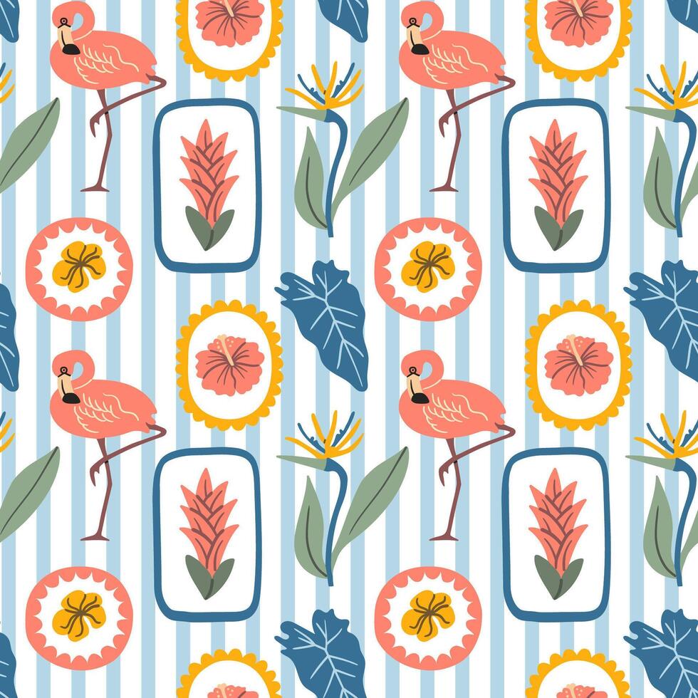 Seamless pattern featuring flamingo, tropical leaves, hibiscus and jungle flowers on blue striped background, perfect for summer designs, fabric, and kids projects. vector