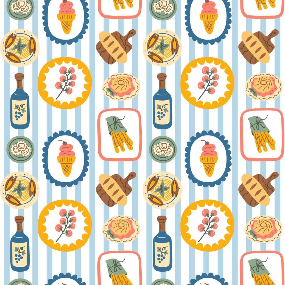 Seamless pattern featuring colorful doodle-style Italian food icons like pasta, wine, ice cream, and vegetables on striped background, perfect for kitchen decor, packaging, and culinary projects. vector