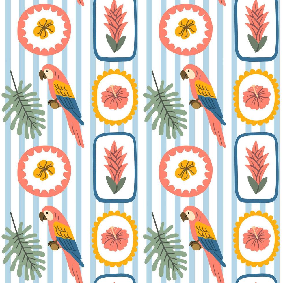 Seamless pattern with colorful exotic parrot, tropical flowers, and jungle leaves on striped background, ideal for summer textiles, kids products, and jungle-themed designs. vector