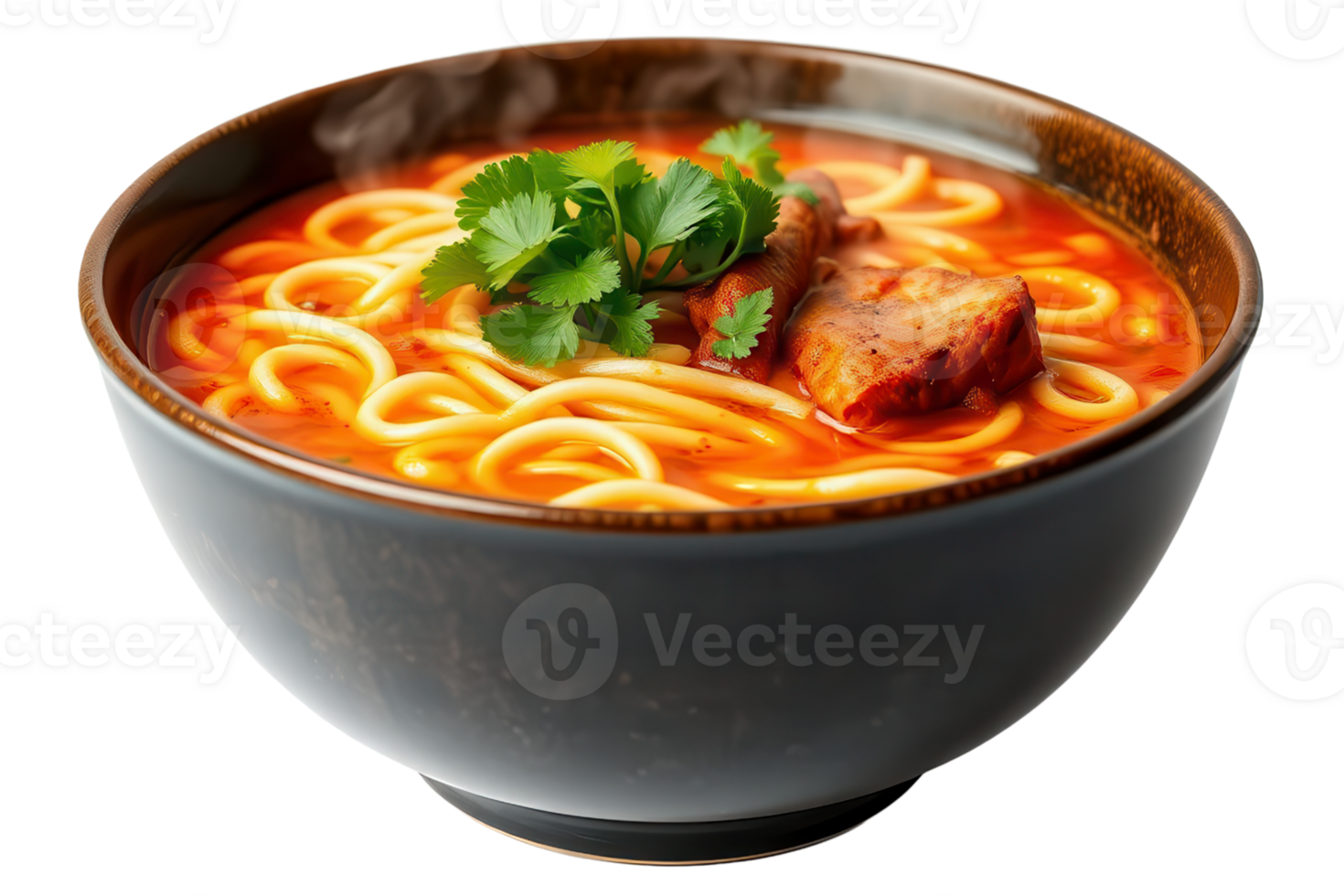 Spicy noodle soup with chicken and cilantro in a black bowl isolated on a transparent background png