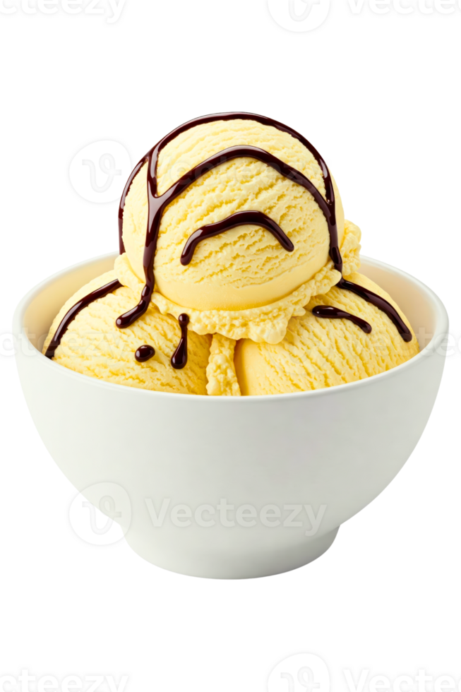 Scoops of vanilla ice cream with chocolate drizzle isolated on a transparent background png