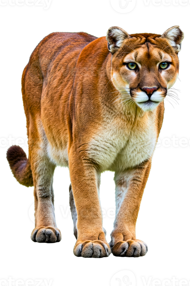 The cougar is standing and looking directly isolated on a transparent background png