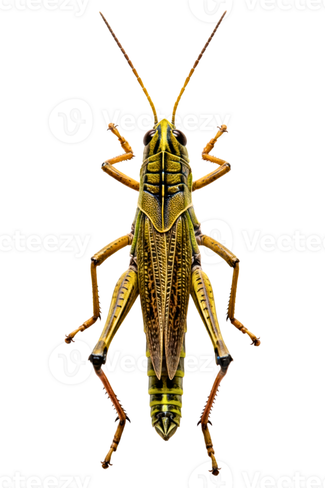 Green and yellow grasshopper insect isolated on a transparent background png