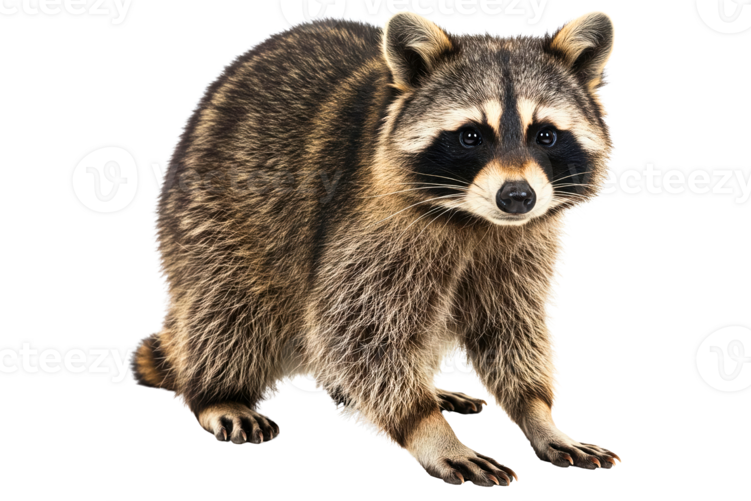 Curious furry raccoon looking forward isolated on a transparent background png