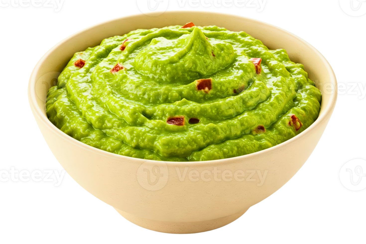 Fresh guacamole dip in a ceramic bowl isolated on a transparent background png