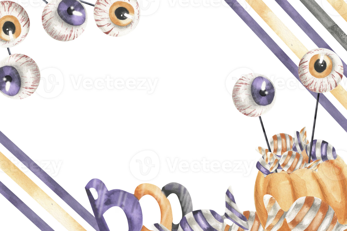 Halloween festive banner template with eye balls lollipops,pumpkin basket with sweets,stripes and Boo characters watercolor illustration. Autumn seasonal frame for kid's party card design png