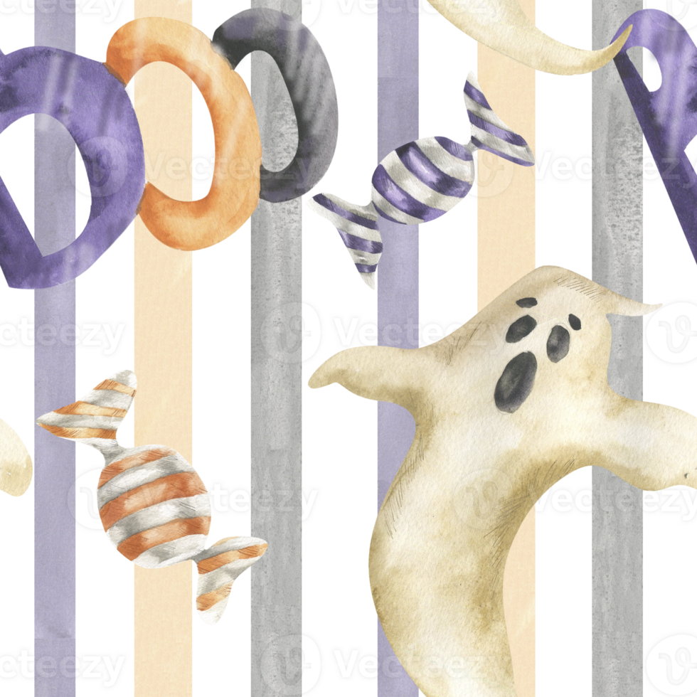 Halloween kid's seamless pattern with ghost, stripes candies and Boo characters on colorful stripes background. Watercolor festive autumn repeated clipart for packing, textile, fabric design png