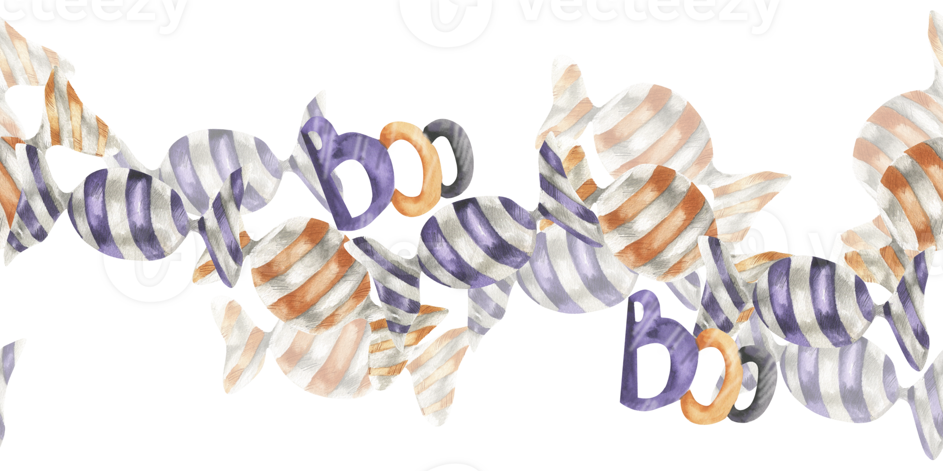 Halloween candies watercolor seamless border with striped sweets and Boo characters illustration. Hand drawn autumn festive banner for food packing, textile,scrapbooking design png