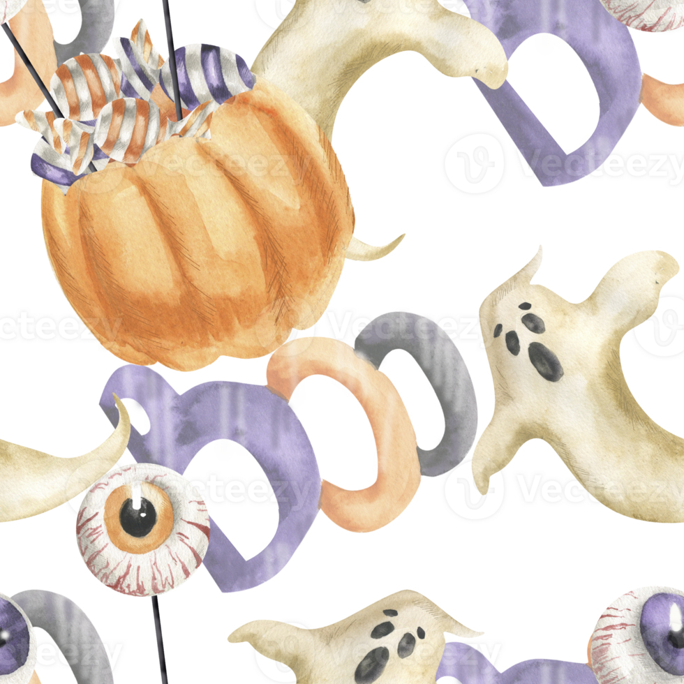 Pumpkin backet with candies and scary eye lollipops,flying ghost and Halloween traditional Boo characters seamless pattern. Kid's trick or treat background for seasonal packing, wrapping design png