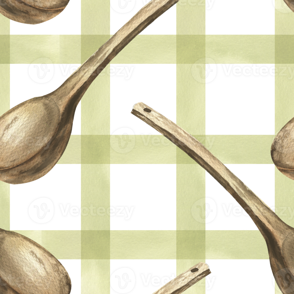 Kitchen rustic watercolor seamless pattern with green plaid background and wooden spoon illustration. Hand drawn stripes and spoons geometric clipart for wallpaper, textile, fabric design png