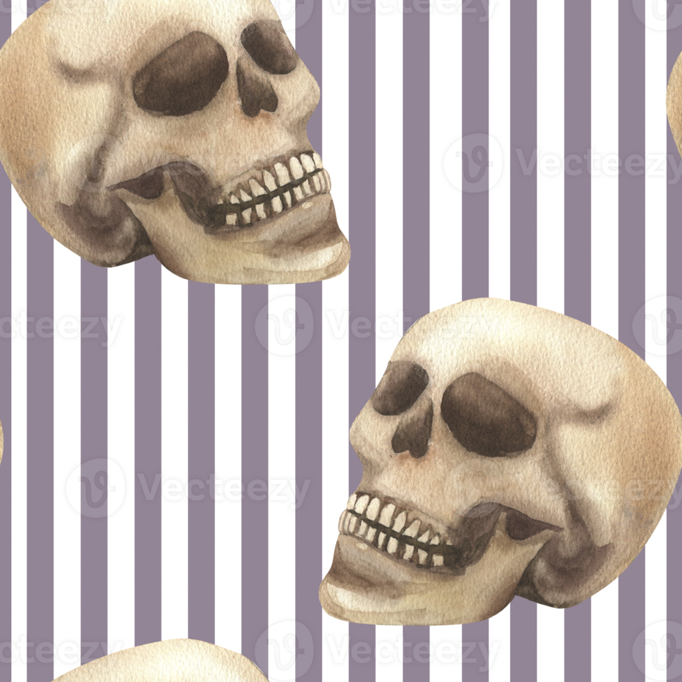 Human skull watercolor illustration on purple striped seamless pattern. Hand drawn Halloween background with body parts and geometric abstract elements for packing,wrapping,wallpaper design png