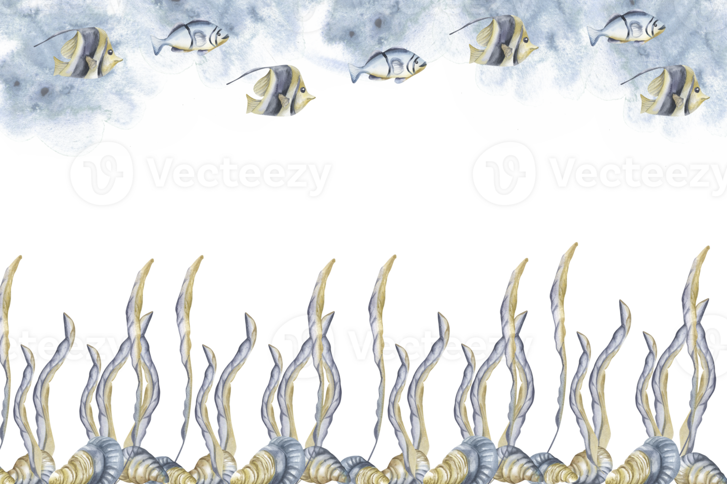 Deep sea banner template with seaweeds and shell on sea bed and swimming small aquarium fish on watercolor splash illustration. Hand drawn marine life monochrome frame for poster, card,packing design png