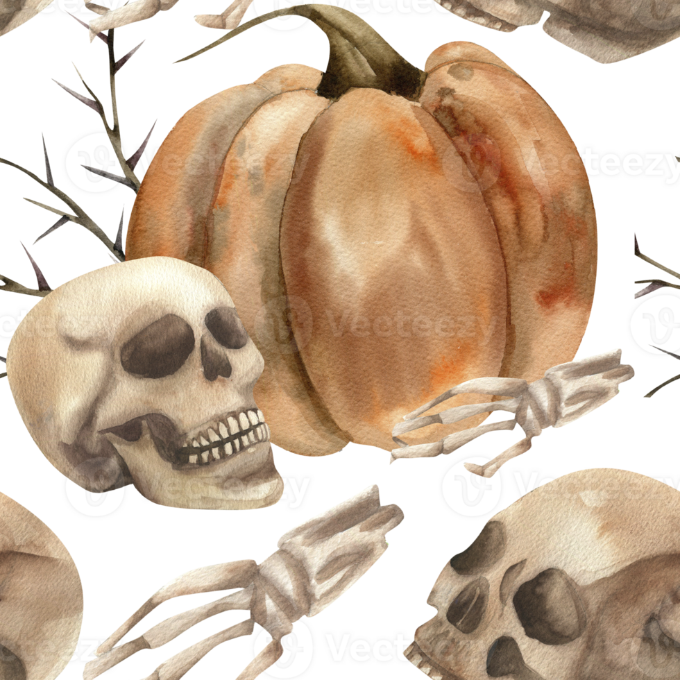 Orange pumpkin,human skull,hand bone and thorns watercolor seamless pattern. Hand drawn Halloween gothic background with scary elements, esoteric repeated clipart for packing,textile, fabric design png