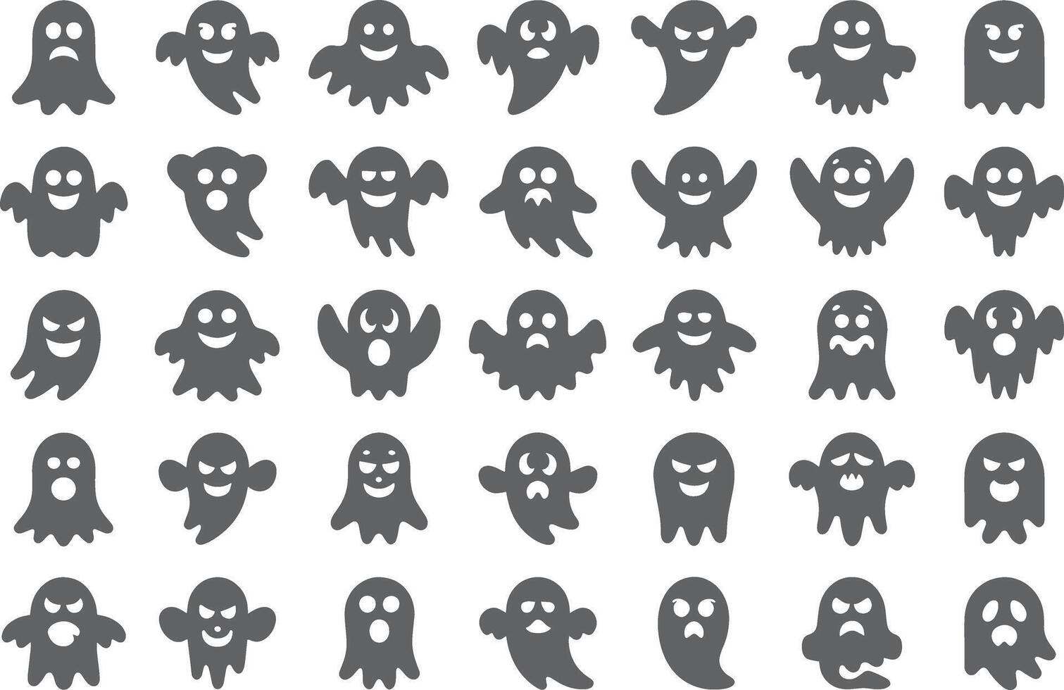 A collection of thirty five black ghost icons with various expressions on a white background vector