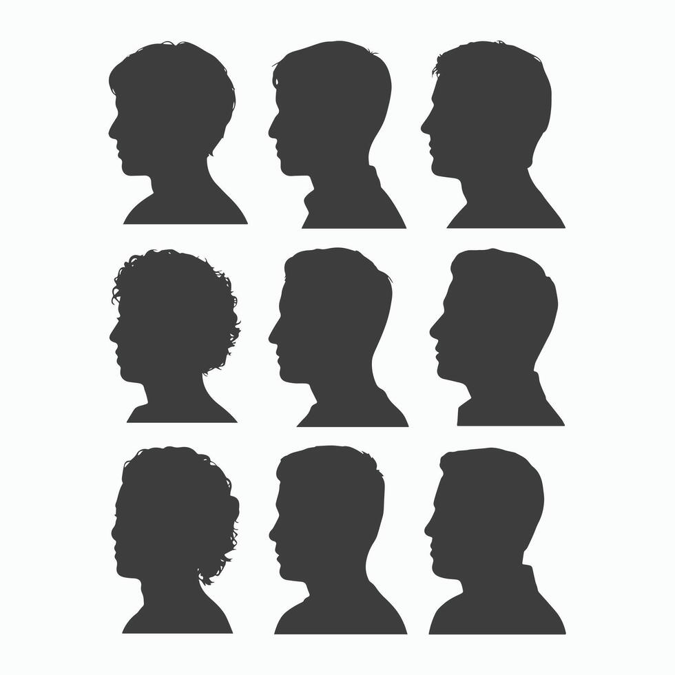 Nine Male Profile Silhouettes Diverse Hairstyles vector