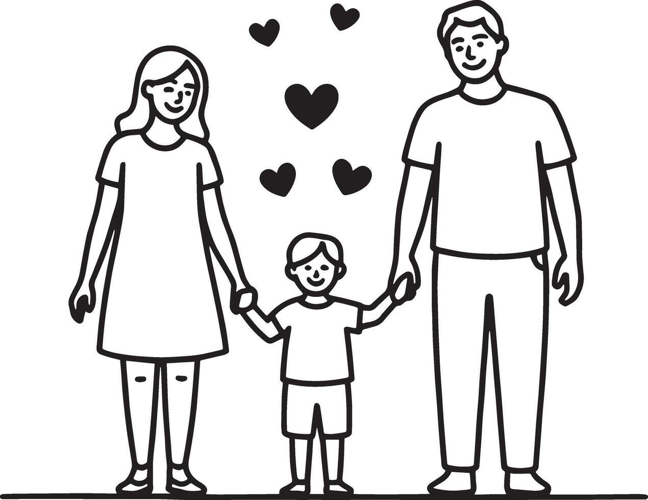 A black and white line drawing of a family holding hands with hearts above them in a simple style vector