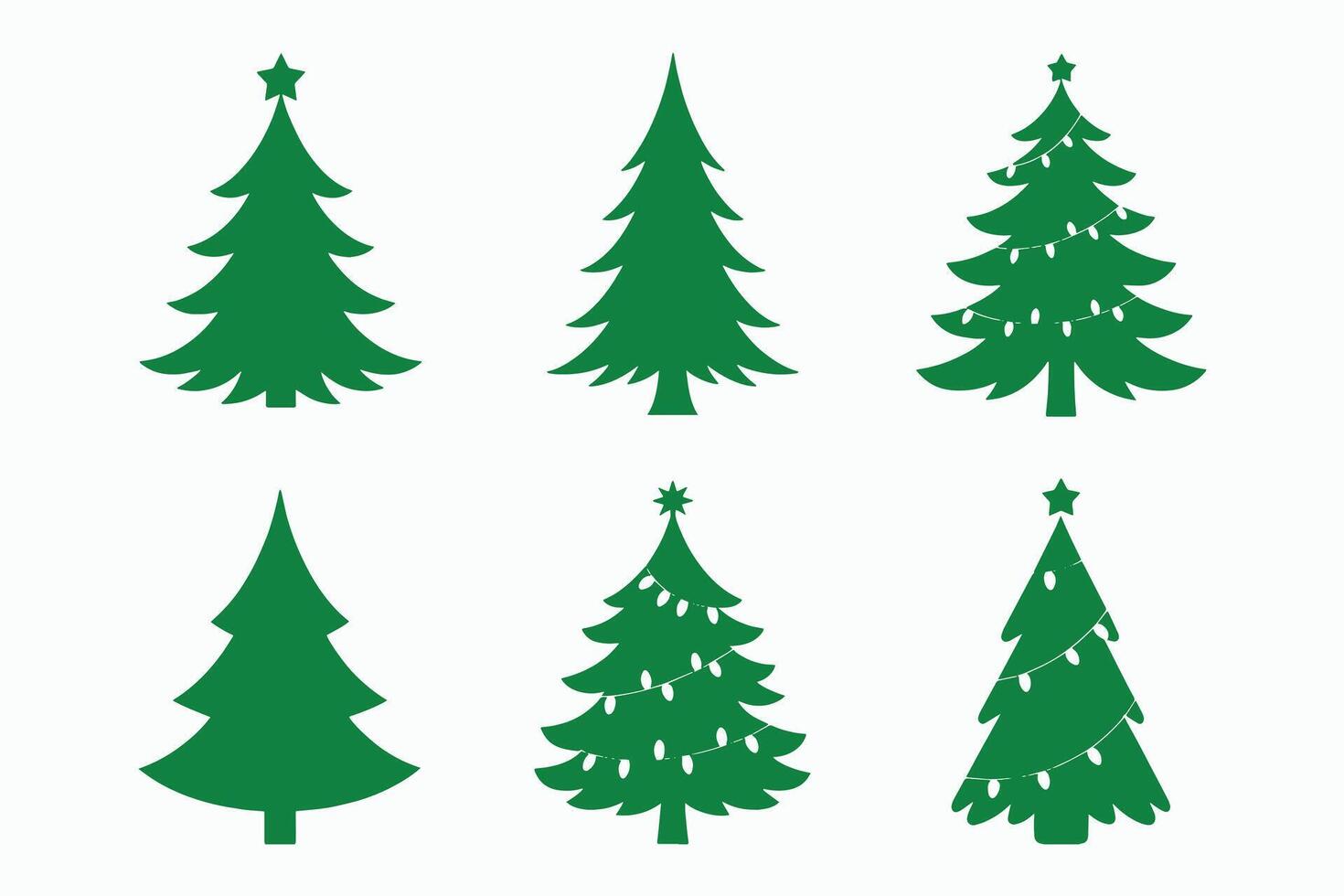 Six Green Christmas Tree Silhouettes with and without Lights vector