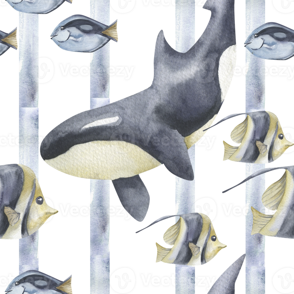 Marine watercolor seamless pattern with black orca,striped and blue fish illustration. Hand drawn deep sea nautical background with underwater creatures on strips for wallpaper,textile design png