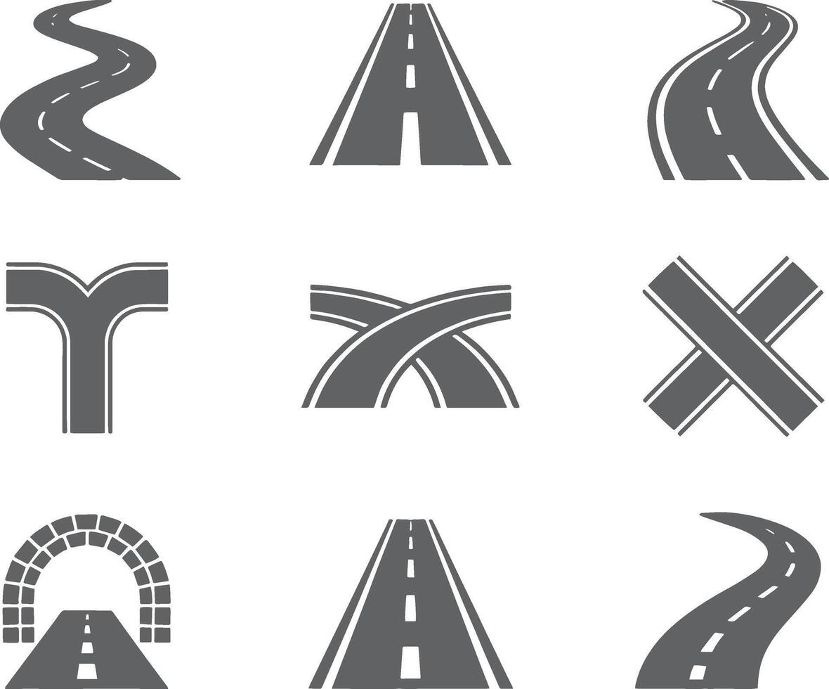 Collection of various road and path illustrations showing different types of road intersections vector