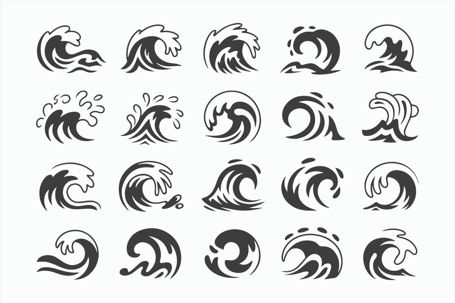 Collection of Twenty Diverse Wave Icons Ocean Designs vector