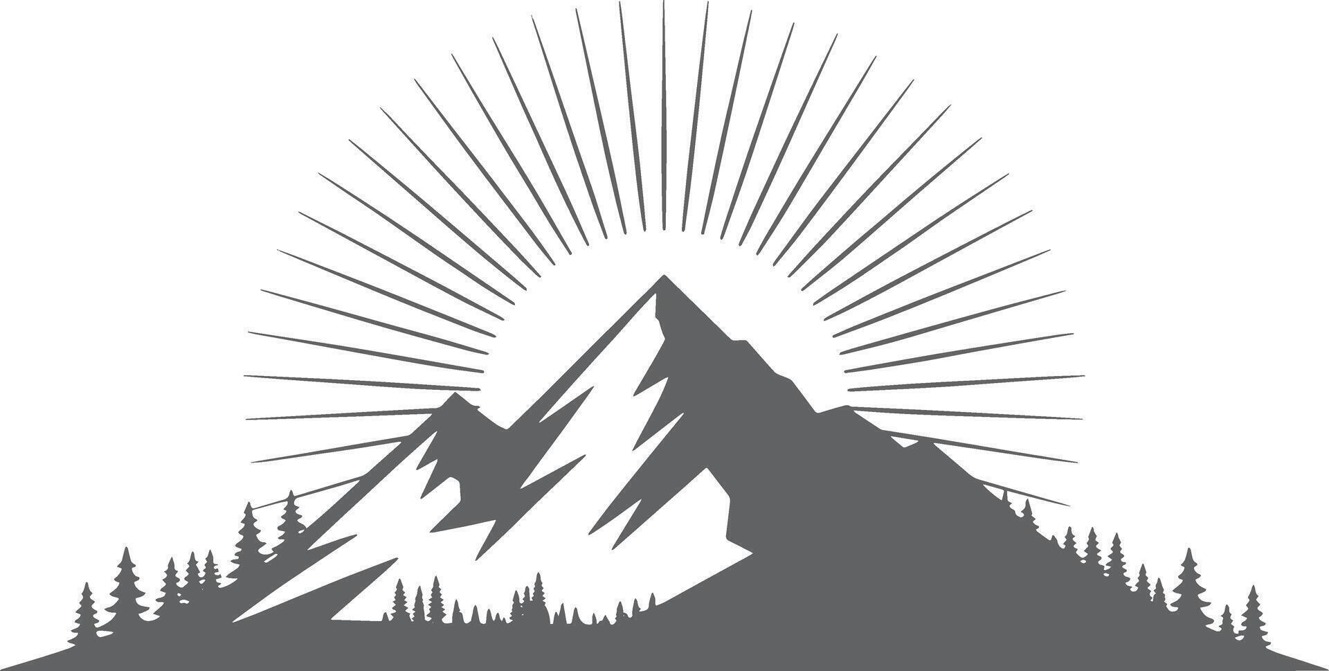 Majestic Mountain Peak Sunrise Silhouette with Pine Trees vector