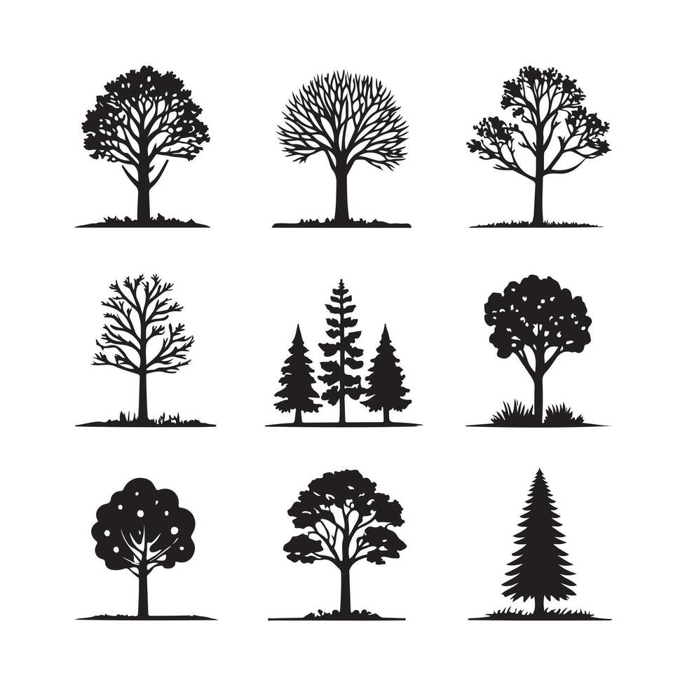 Tree Silhouette Icon Set Minimal Black Trees for Nature, Forest And Eco Design. vector