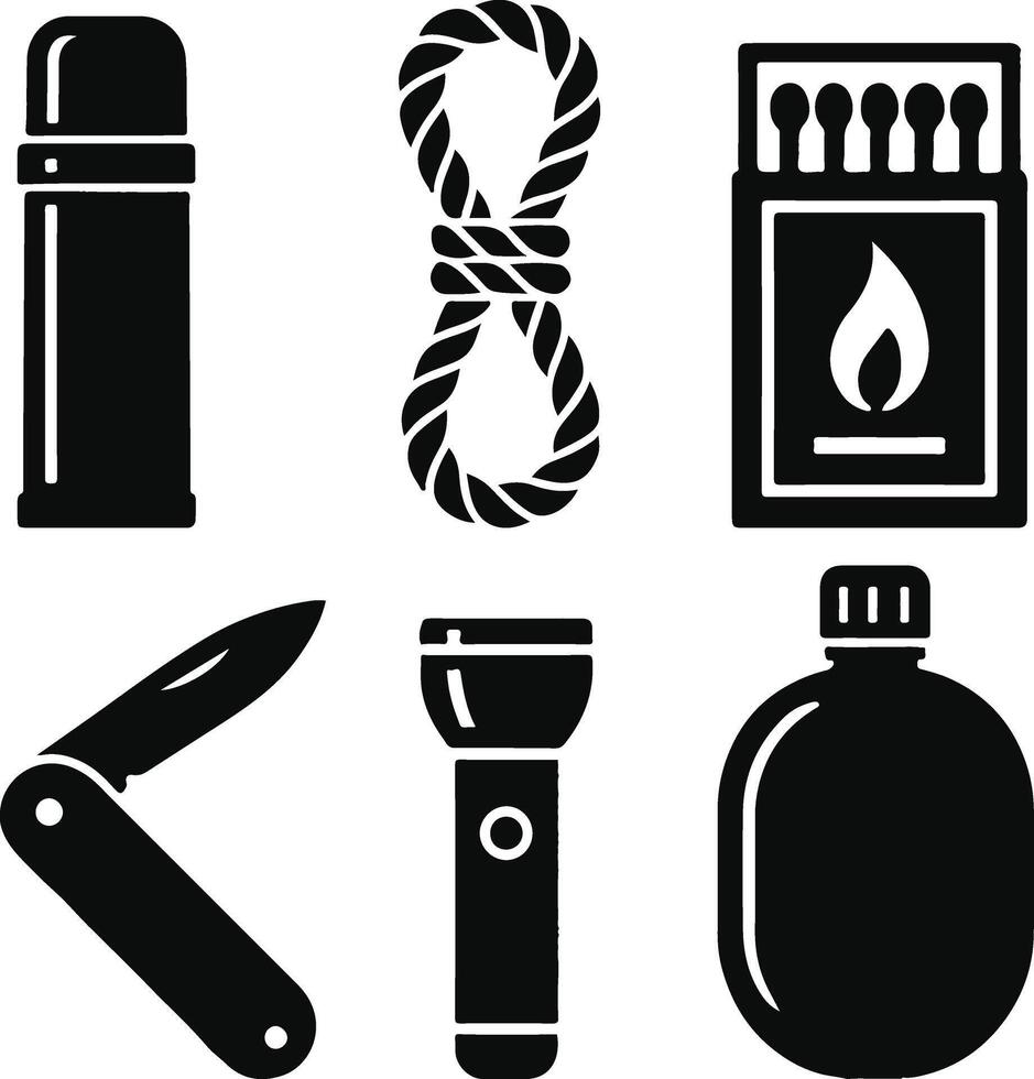 Black and White Camping Items Flashlight Lighter Knife Rope Fuel Bottle in Grid Layout Minimalist Style vector