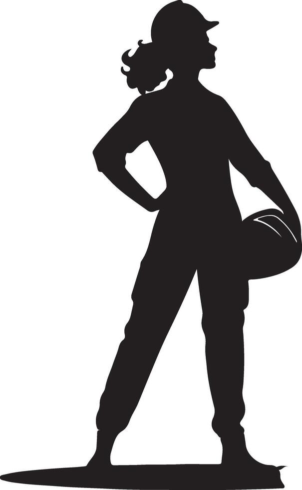 Black and White Silhouette of Confident Woman with Baseball Bat Standing Boldly in Cap and Ponytail vector