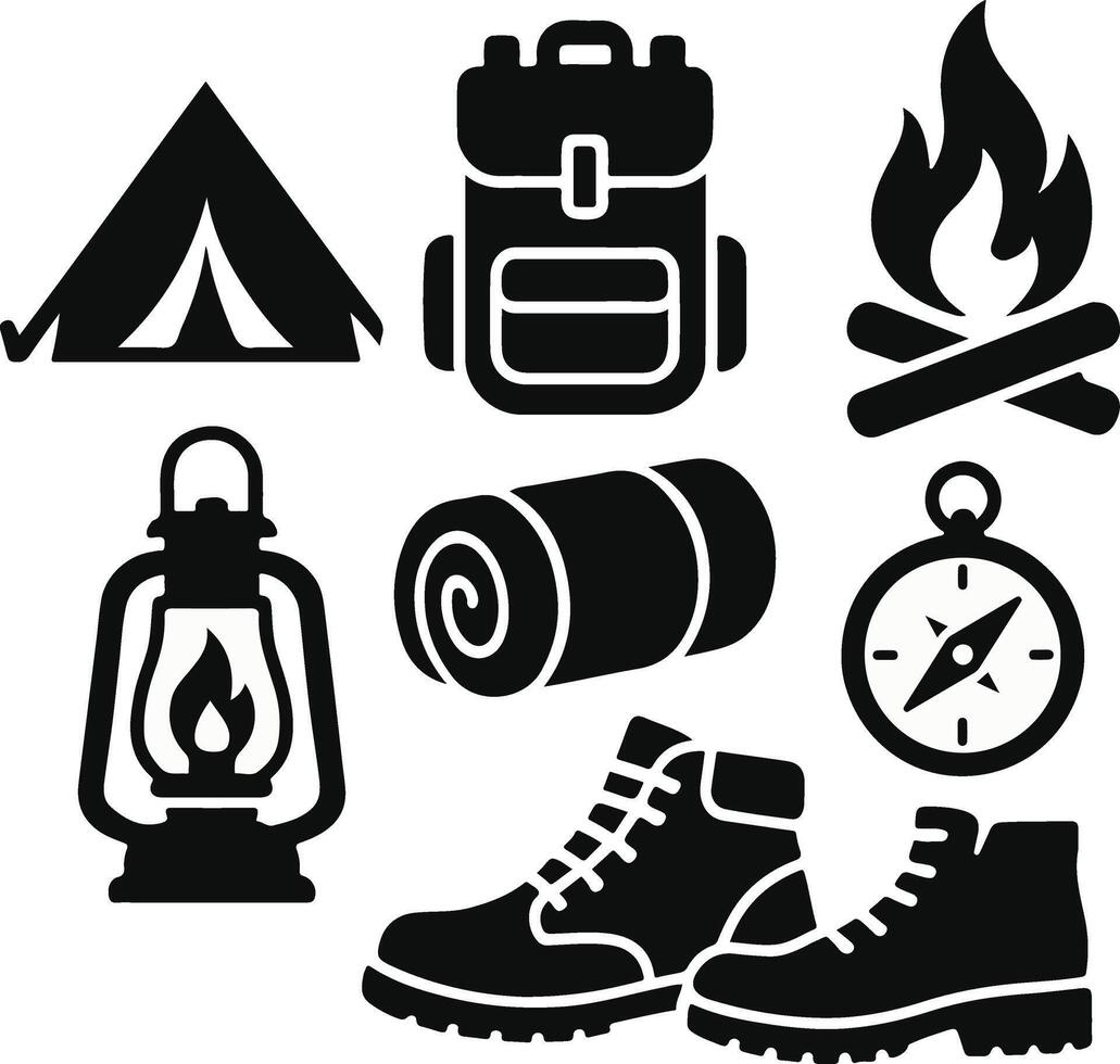 Minimalist Black and White Camping Icons in Grid Layout vector