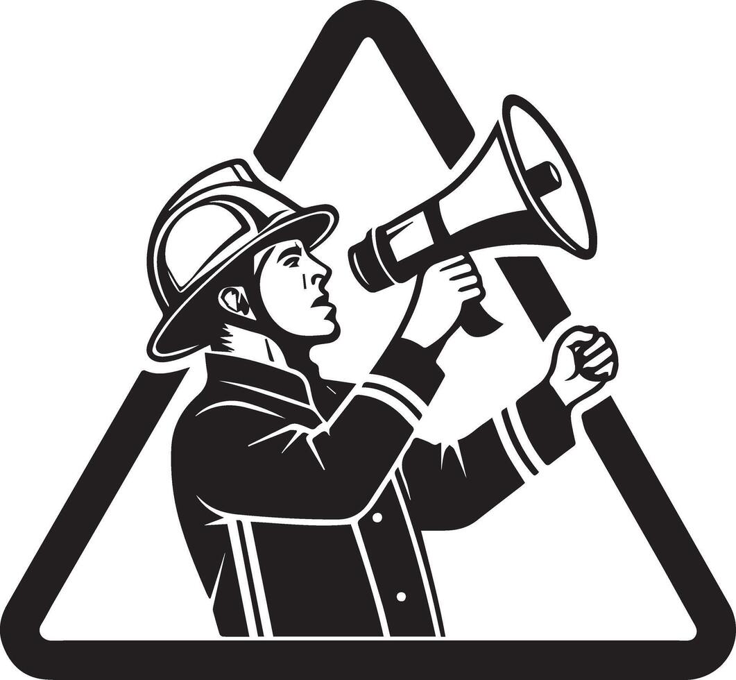 Black and White Firefighter with Megaphone in Front of Warning Sign Bold Profile Illustration vector