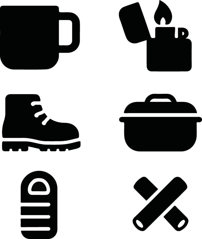Minimalist Black and White Camping Gear Icon Set in 3x2 Grid Layout vector