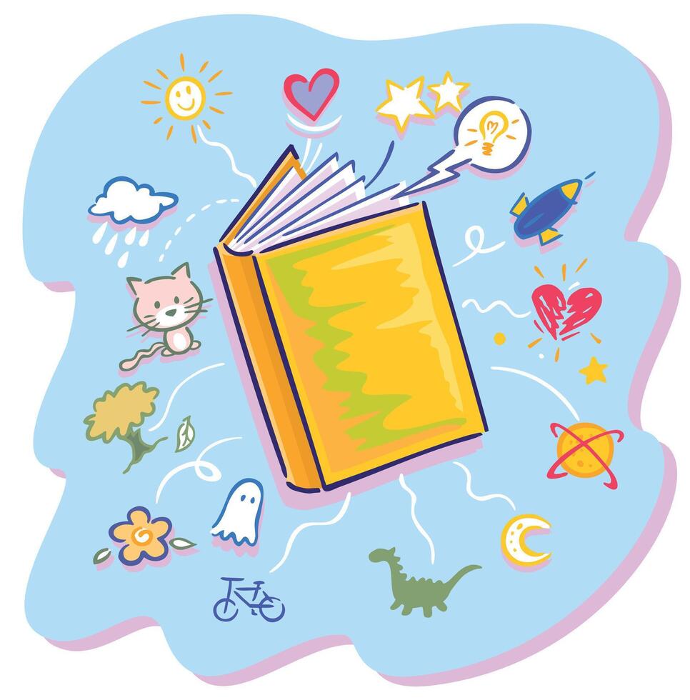Cartoon style storybook illustration with fantasy elements bursting out of the pages. vector
