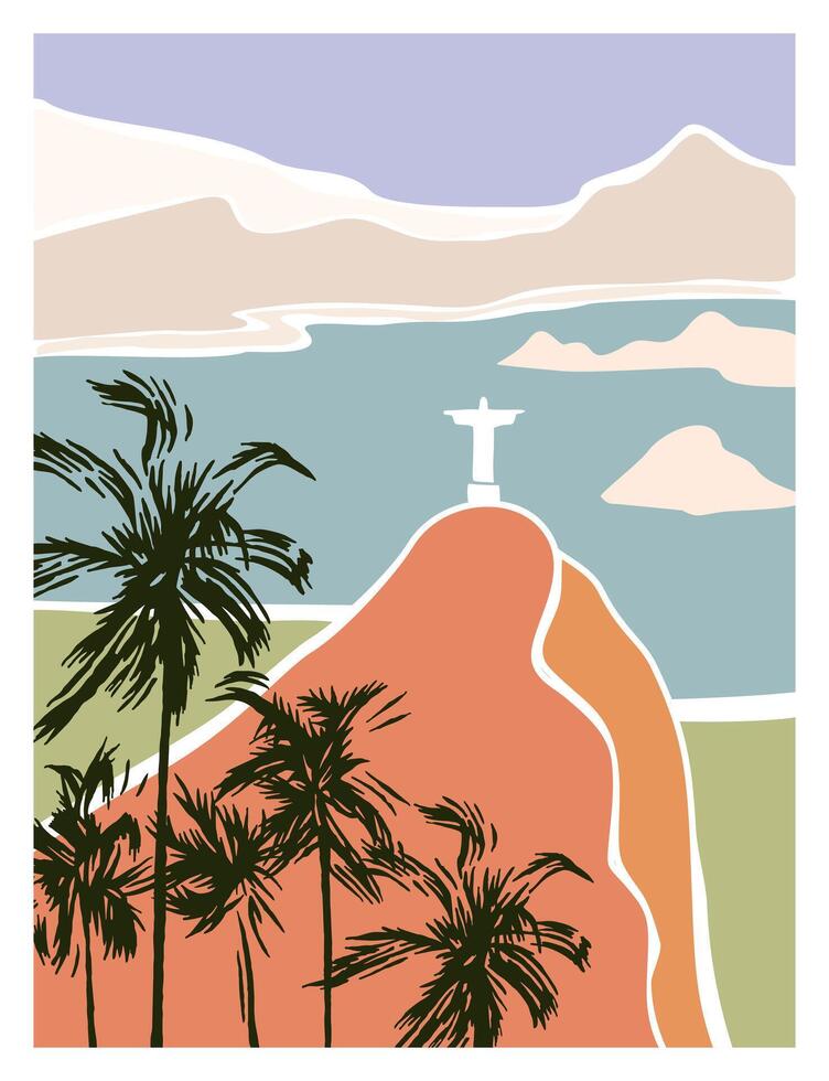 Graphic style illustration of a landscape of the city of Rio de Janeiro, Brazil. vector