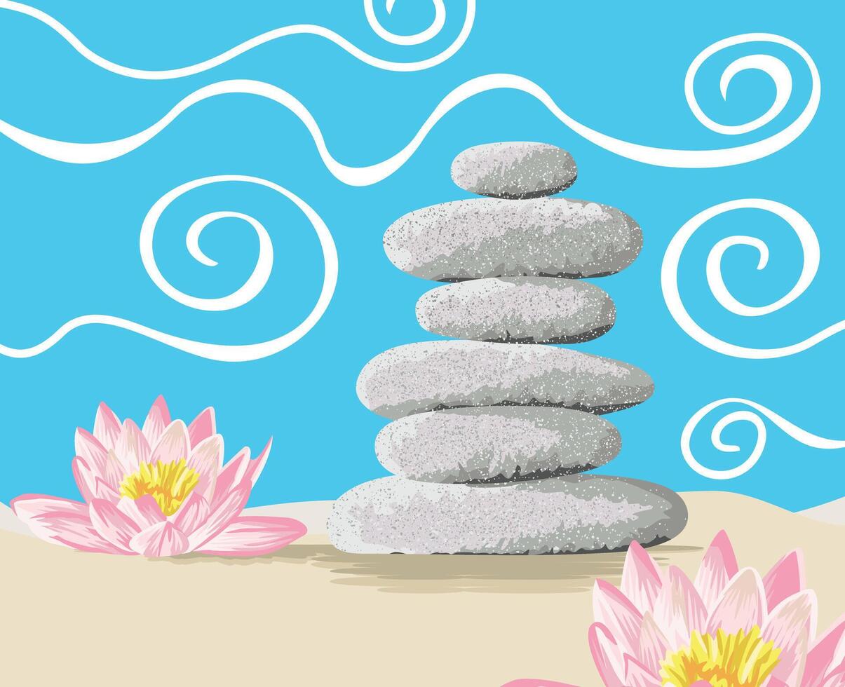 Graphic style art of stacked stones and lotus flower. vector
