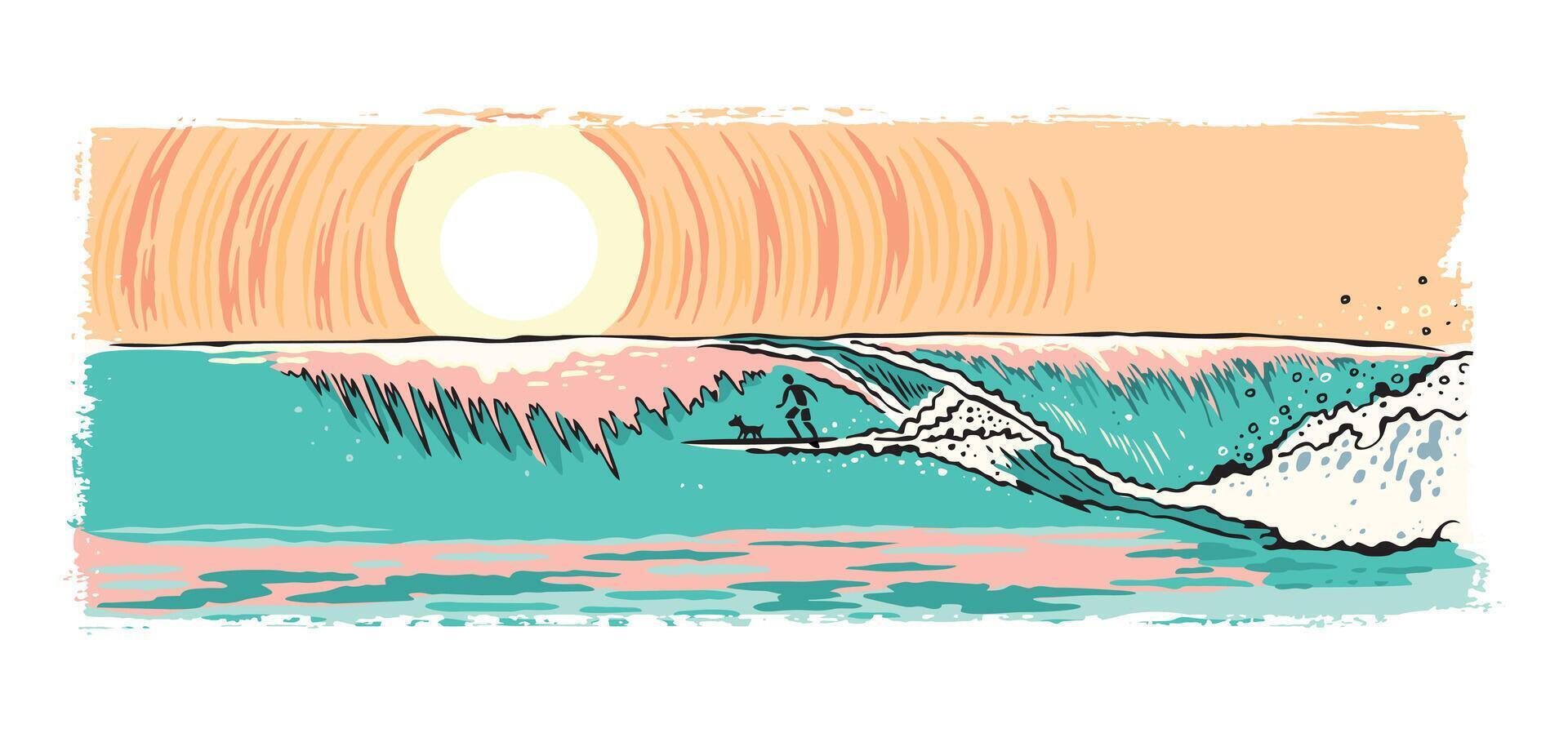 Stripped-down style illustration of a surfer silhouette and his dog riding a wave. vector
