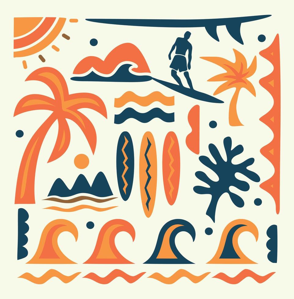 Stylized illustration of graphic and tribal elements related to summer, beach and surfing. vector