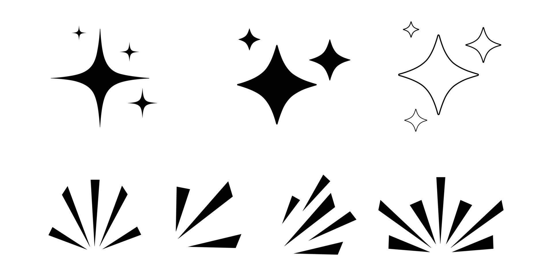 Set design ornament of sparkling stars in black and white, shine icon isolated on white background vector