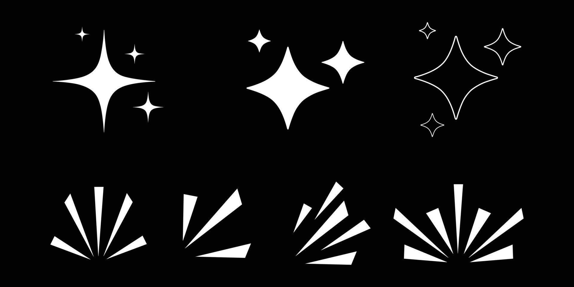 Set design ornament of sparkling stars in black and white, shine icon isolated on Black background vector