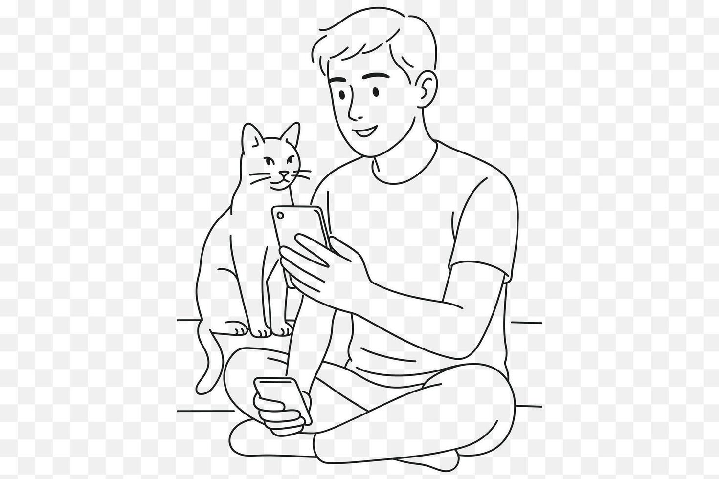 illustration of A young man is using a smartphone for a call, while a cat sits next to him vector