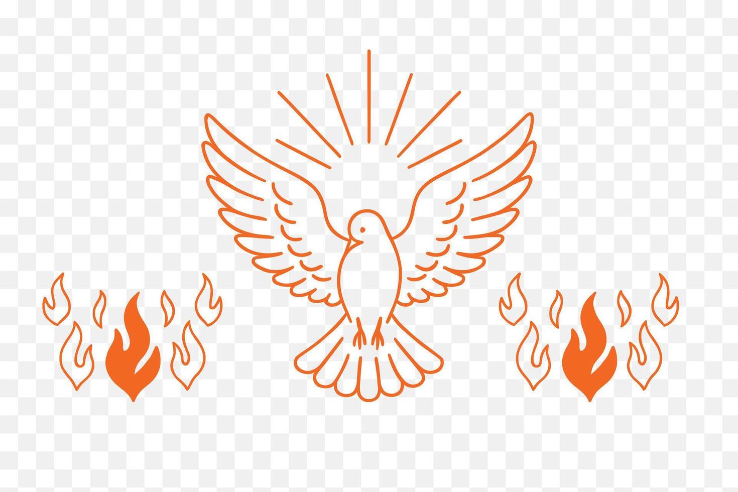 Line art of a dove descending with rays and stylized flames minimal, editable . vector