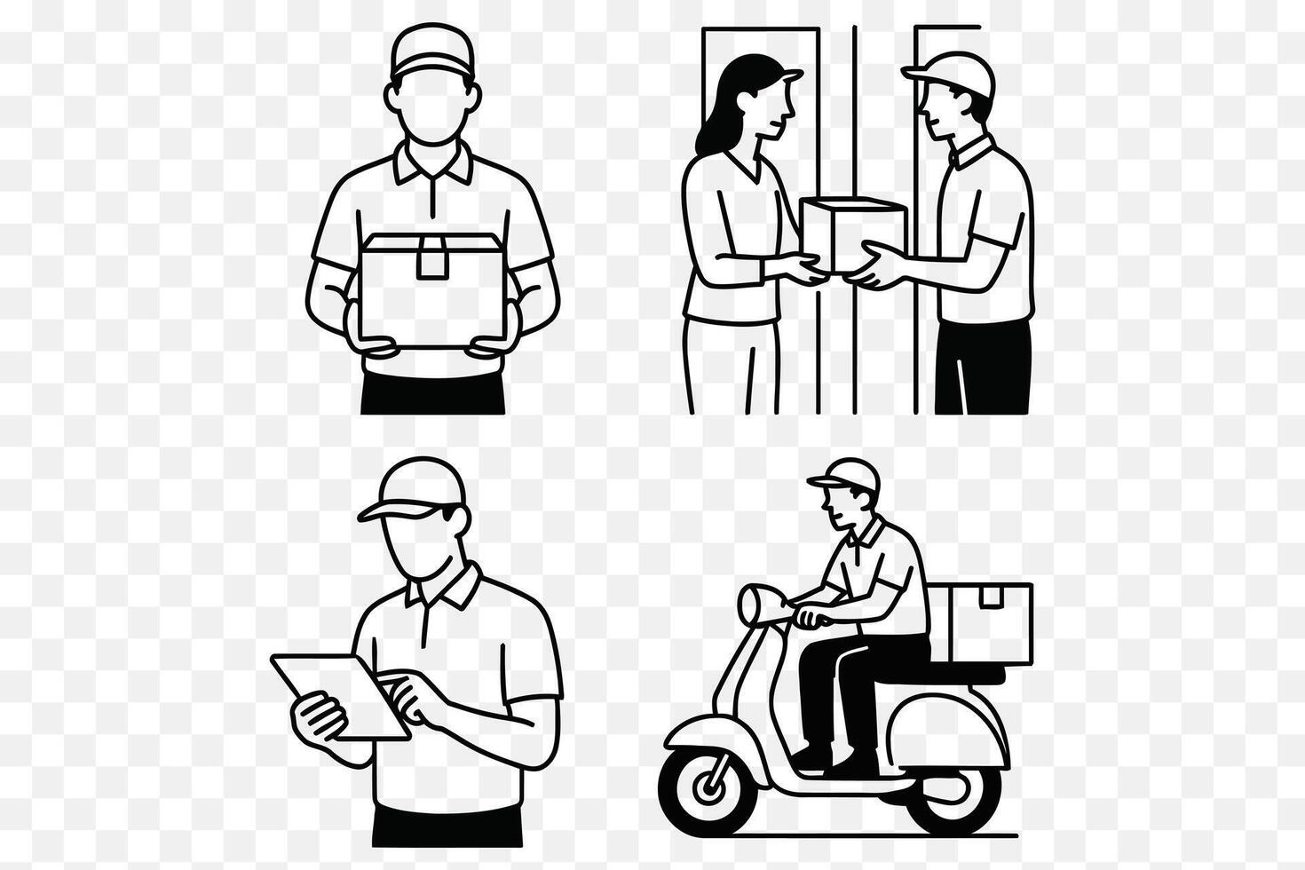 Minimalist Line Art of Delivery Workers with Packages and Scooters vector