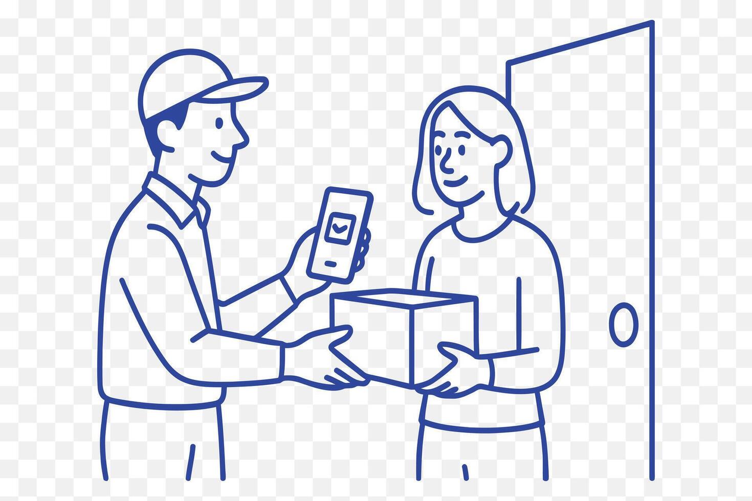 line art illustration of a smiling courier delivering a package to a customer at the door vector