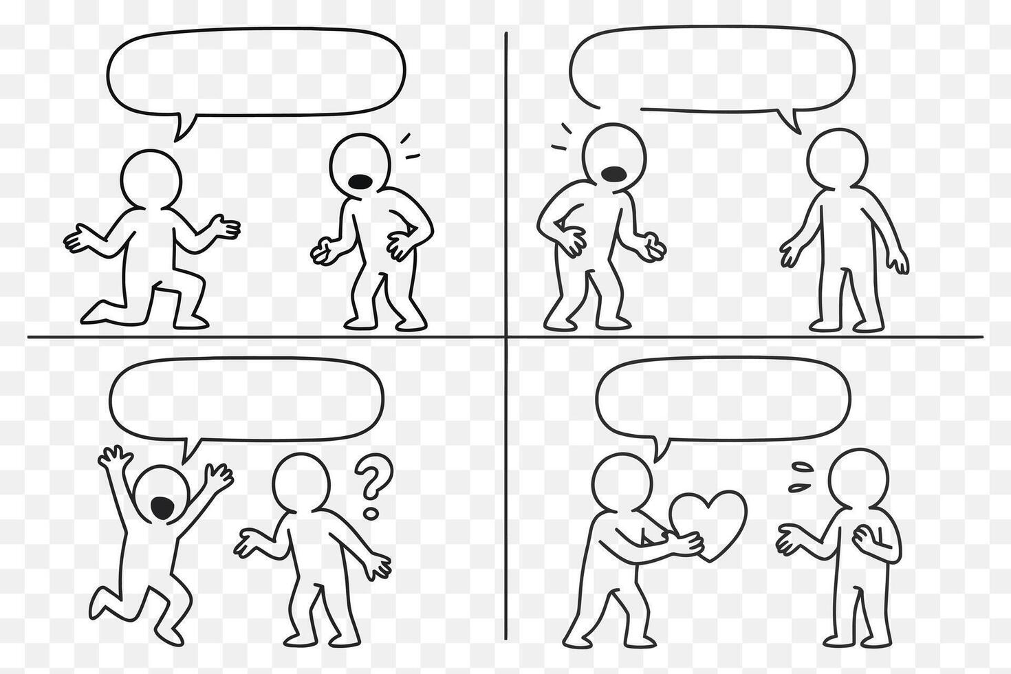Editable Doodle Comic Strip Emotional Dialogue Reaction Panels with Blank Speech Bubbles vector