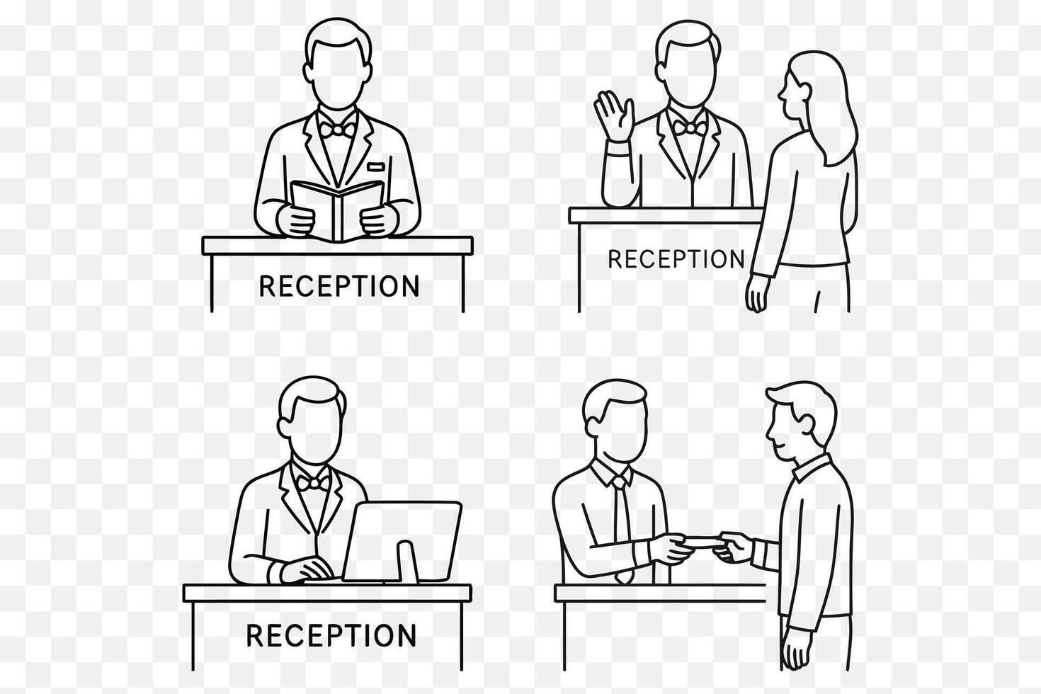 Male Receptionist Line Art Set Hotel Office Front Desk Illustrations vector