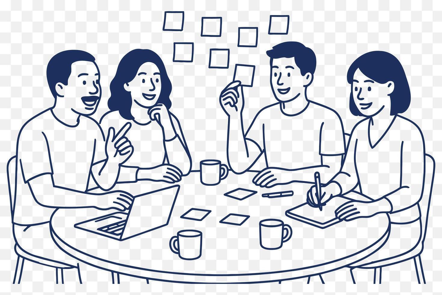 illustration of A group of colleagues different ethnicities and genders brainstorming together at a round table, with sticky notes, laptops, and coffee cups vector