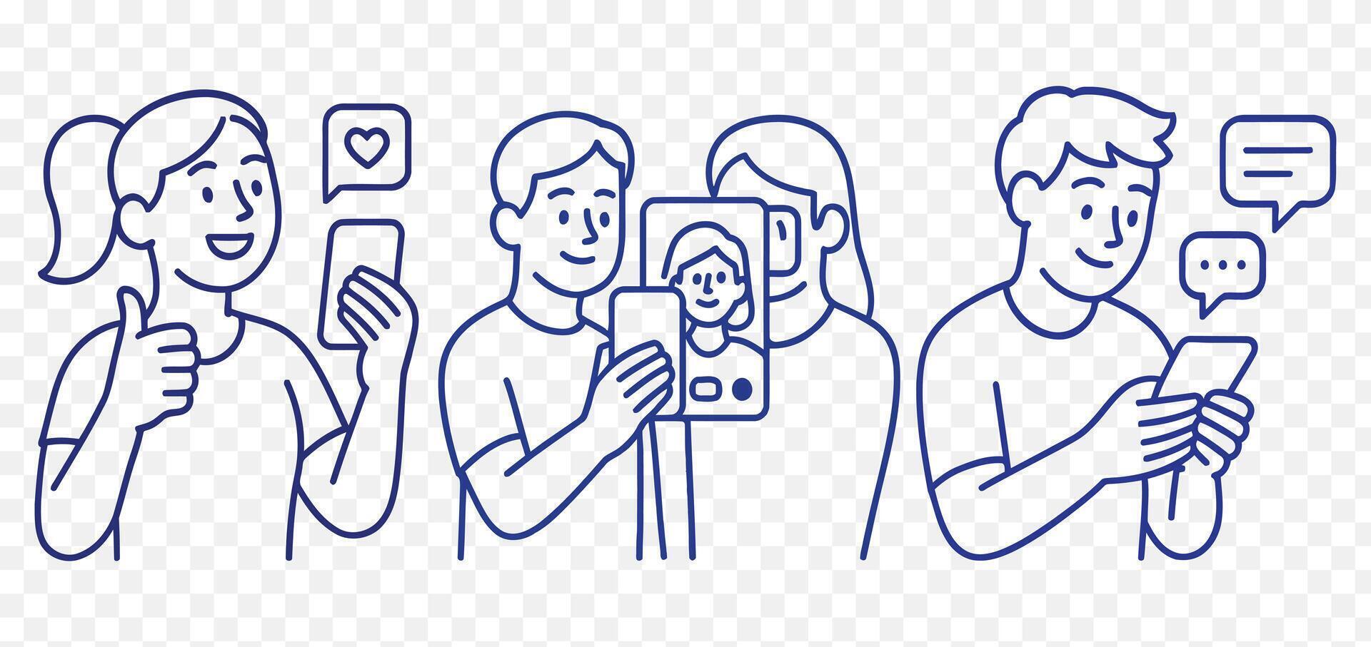 line art set featuring influencer call mobile messaging vector