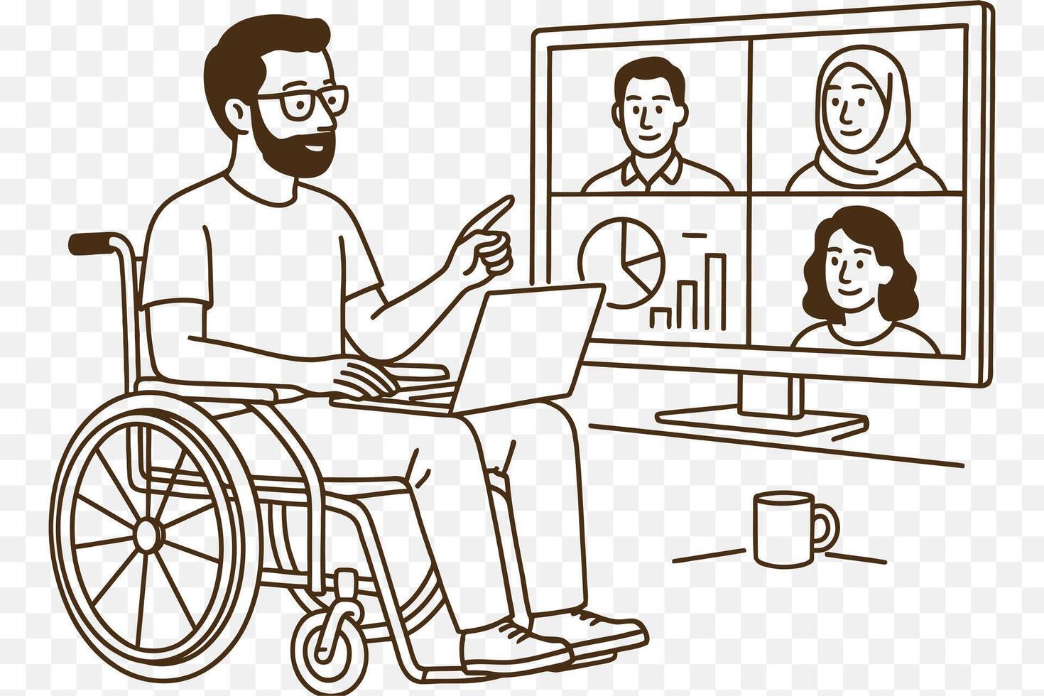 illustration of A man in a wheelchair giving an online presentation to a virtual team visible on a large monitor vector