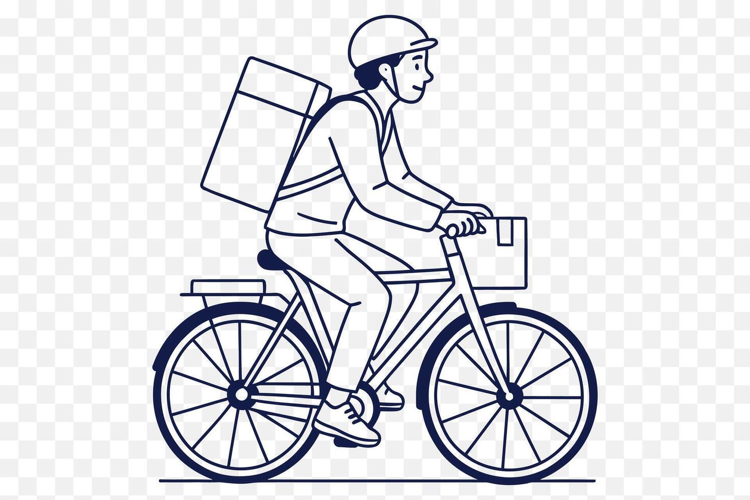 line art illustration of A delivery person on a bicycle, carrying packages vector