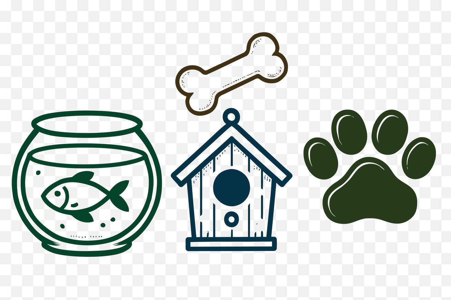Minimalist Pet Care Essentials Icon Set Cat Paw Print Dog Bone Birdhouse Fishbowl Bold Line Art vector